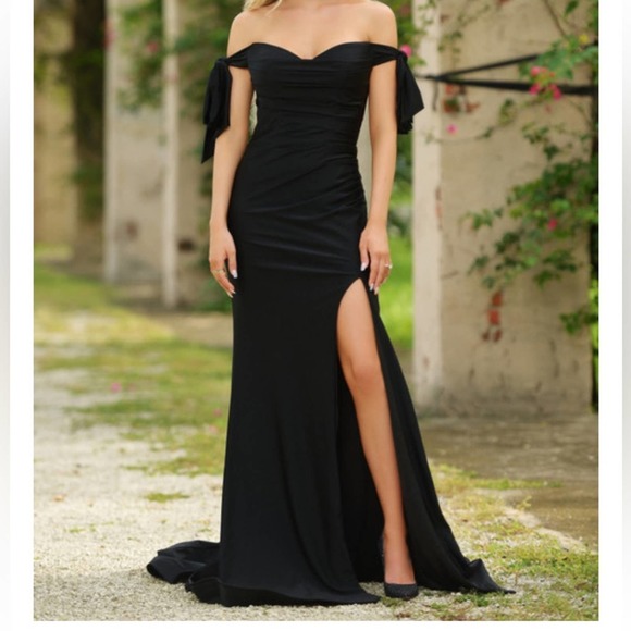 lady black tie Dresses & Skirts - Lady Black Tie black Amber Gown off the shoulder leg slit size 18 fits like 16